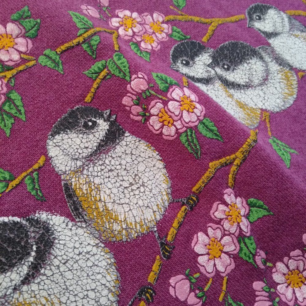Vintage Morning Sun Chickadee Birds Floral Collared Sweatshirt - Picture 5 of 8